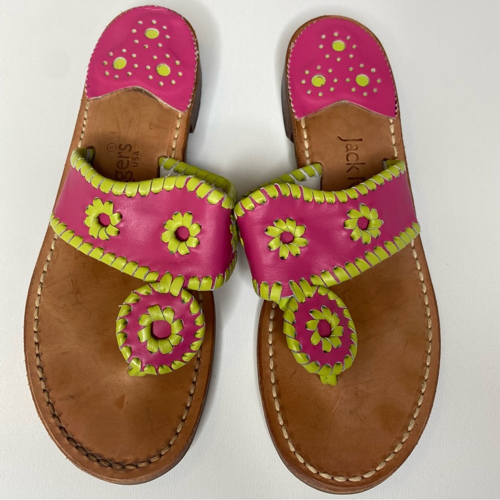 Jack Rogers Size 7 Pink and Lime Green Leather Sandals